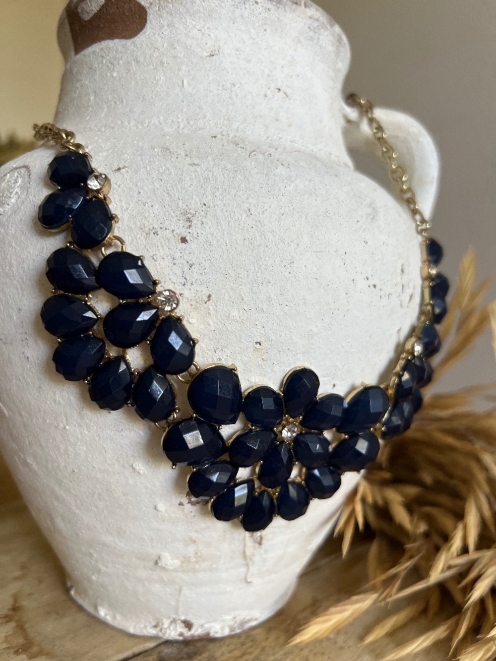 Navy Blue and Gold Colored Faux Gemstone Choker Necklace